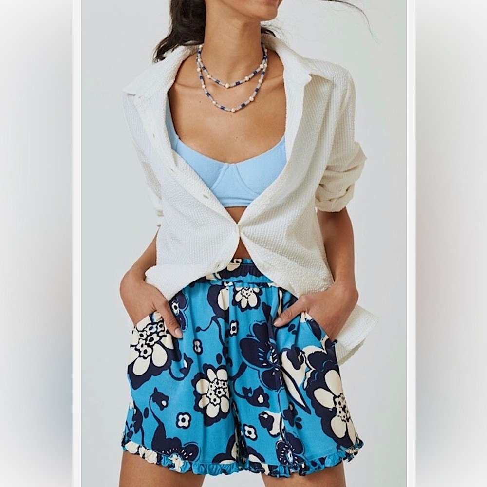 Anthropologie Maeve Silky Ruffle Shorts in Blue Floral. Size Small.